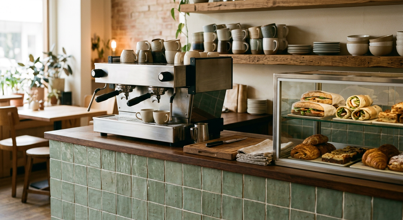 Cafe counter with an espresso machine, ceramic mugs and a display cabinet of fresh sandwiches and wraps