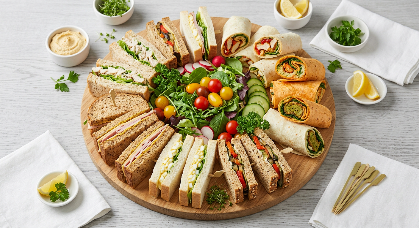 Sandwich and wrap platter with fresh salad and cherry tomatoes