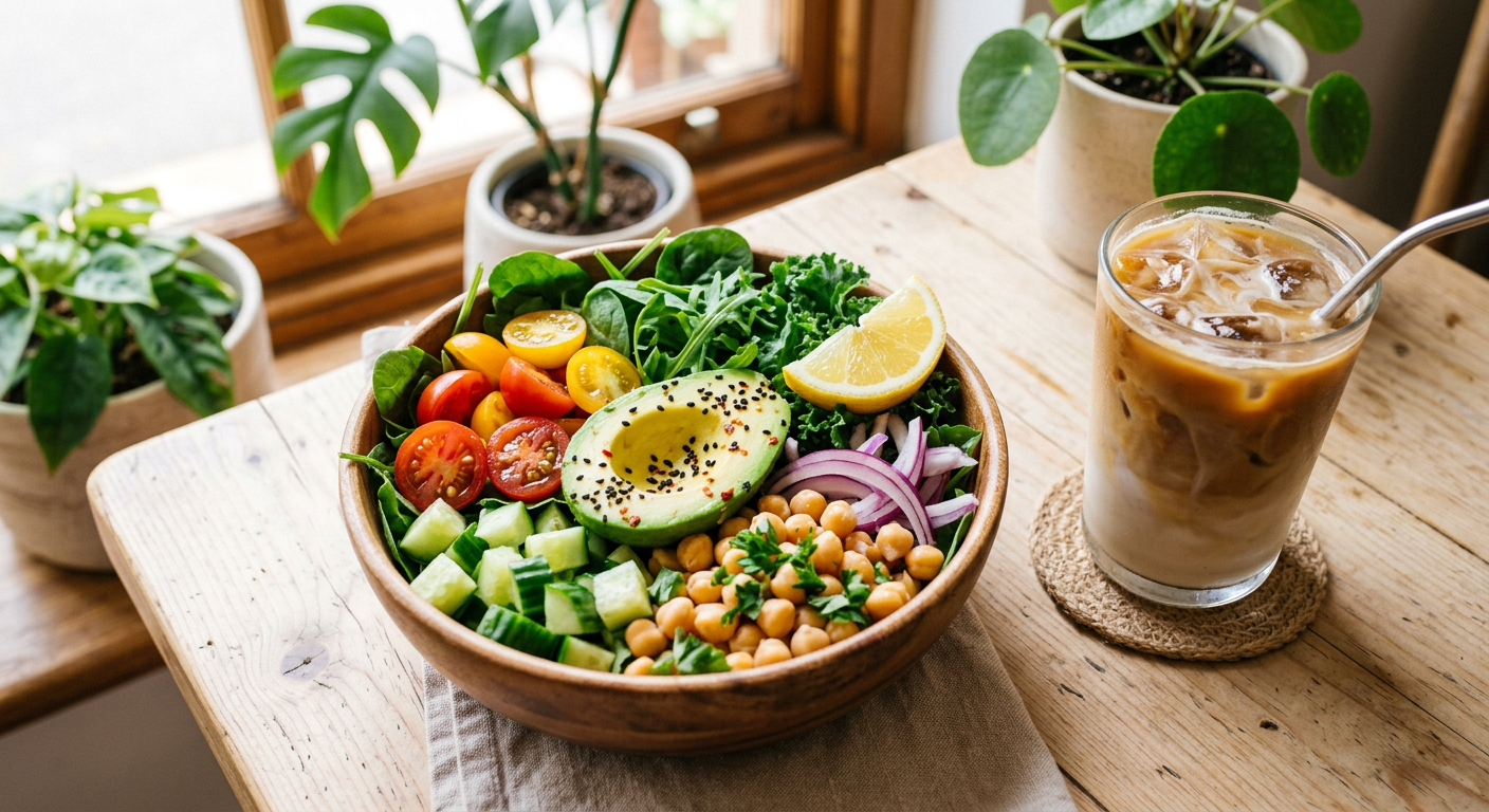 Fresh meal bowl with greens, avocado and cherry tomatoes beside an iced coffee
